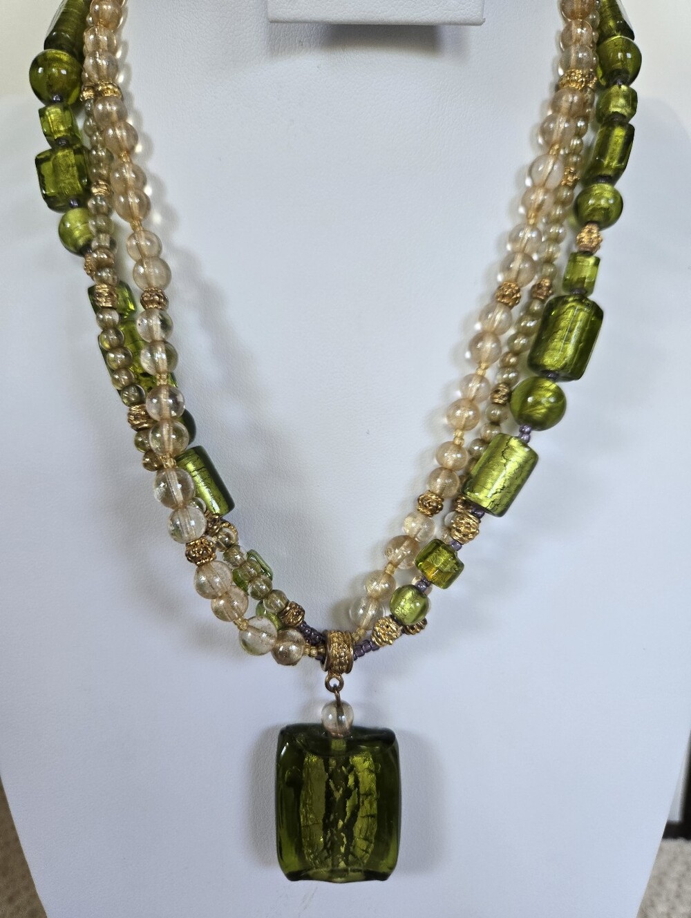 N-124- Multi-Strand Olive Green and Champagne Glass Bead Necklace